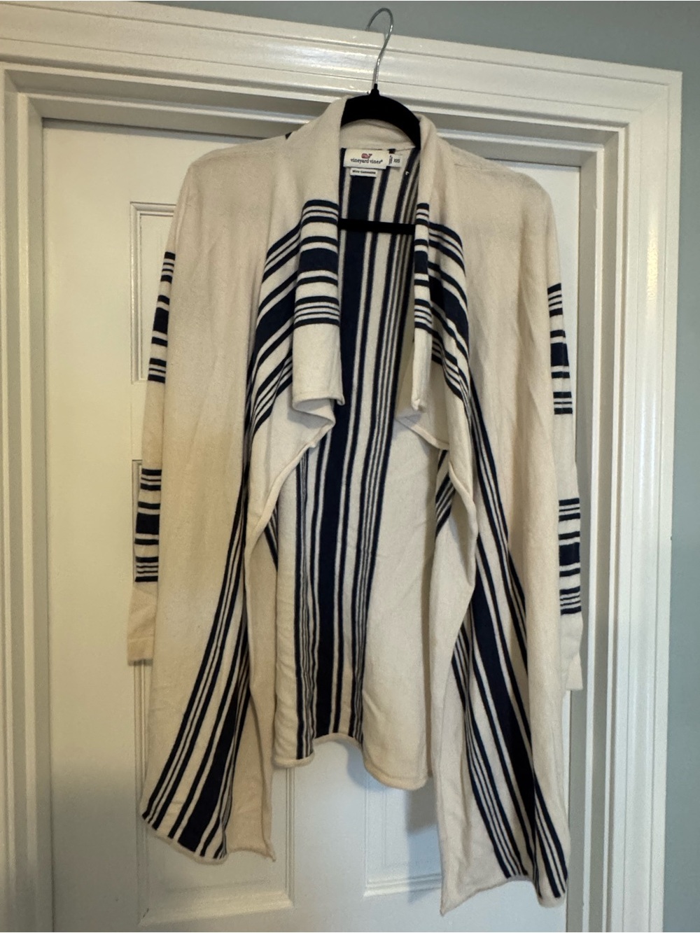 Vineyard Vines Cream Open Front Cardigan with Navy Stripes